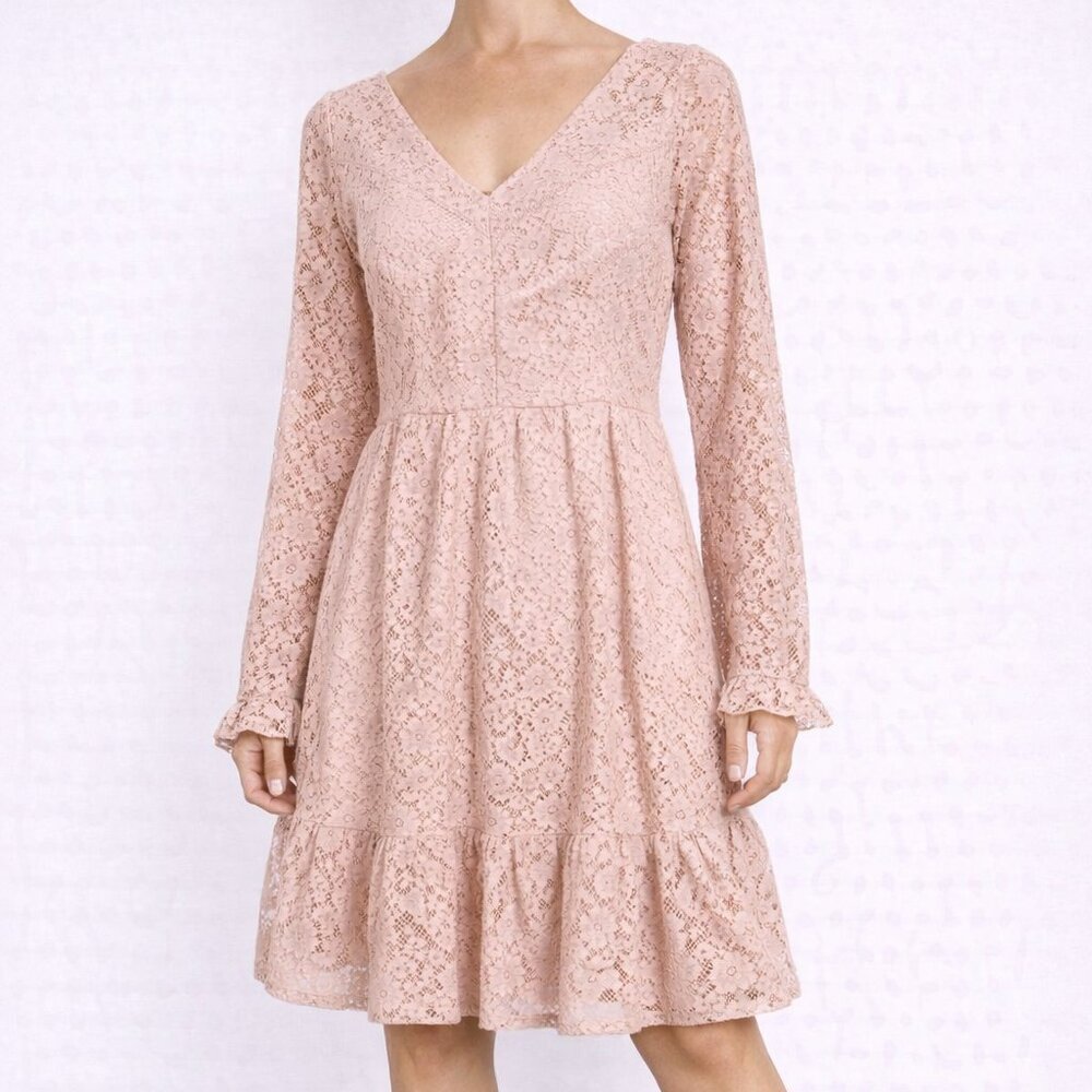 Lauren Conrad Blush Pink Lace V-Neck Long Sleeve Dress Medium‎